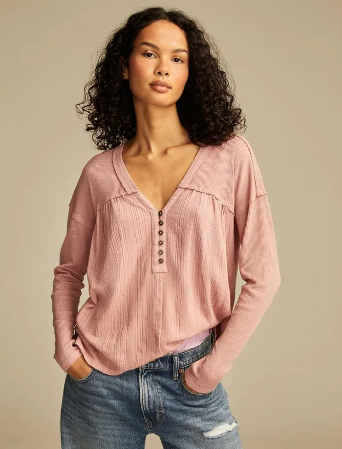 Lucky Brand Knit Tops Women Fabric Mix Long Sleeve Tunic Ash Rose