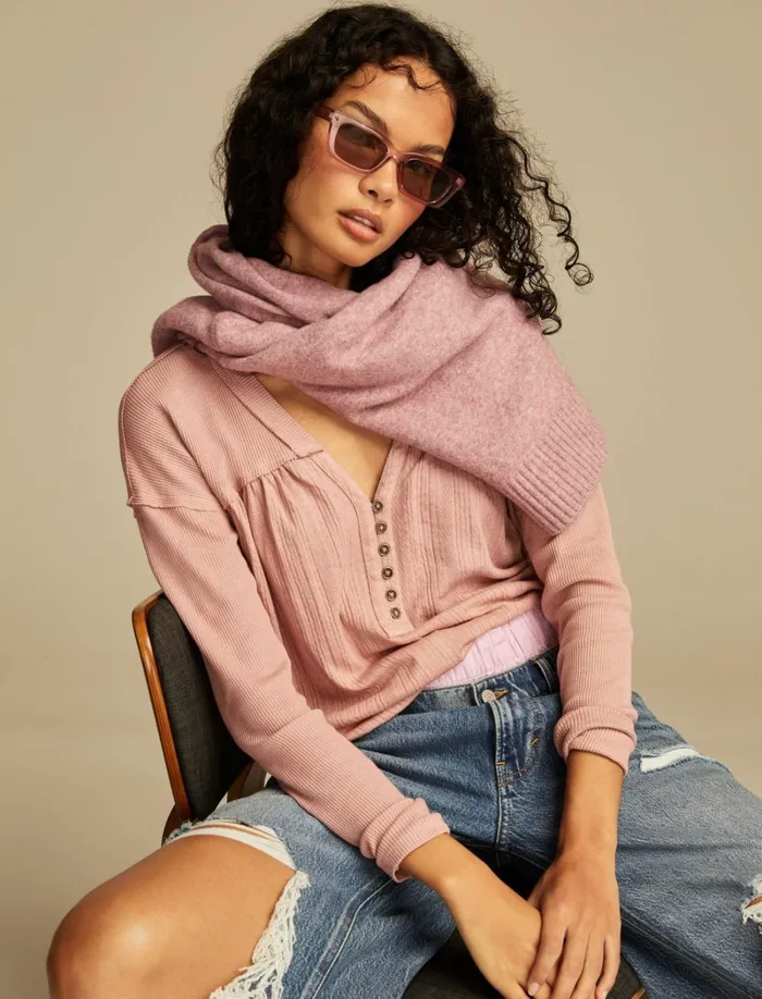 Lucky Brand Knit Tops Women Fabric Mix Long Sleeve Tunic Ash Rose