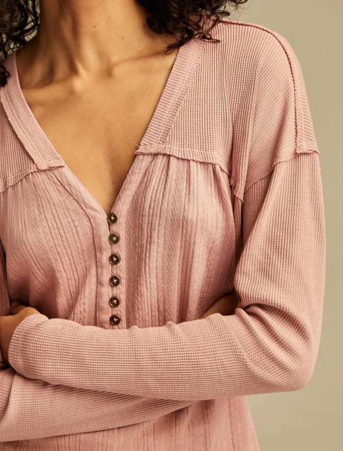 Lucky Brand Knit Tops Women Fabric Mix Long Sleeve Tunic Ash Rose