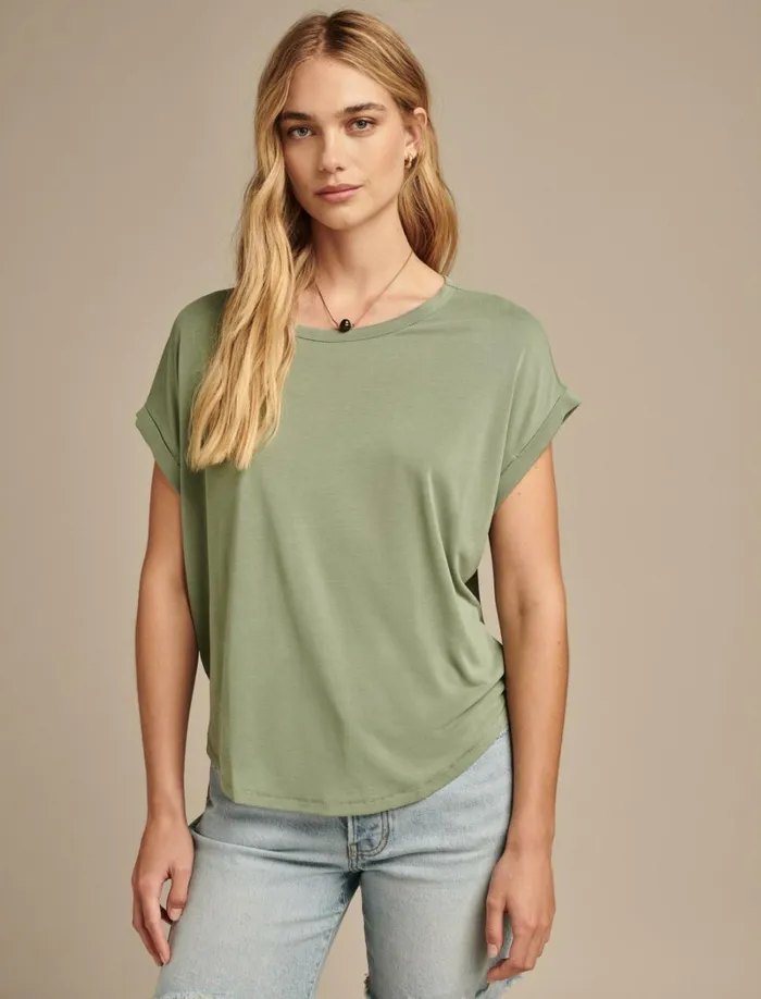 Lucky Brand Knit Tops Women Short Sleeve Sandwash Dolman Tee Loden Green