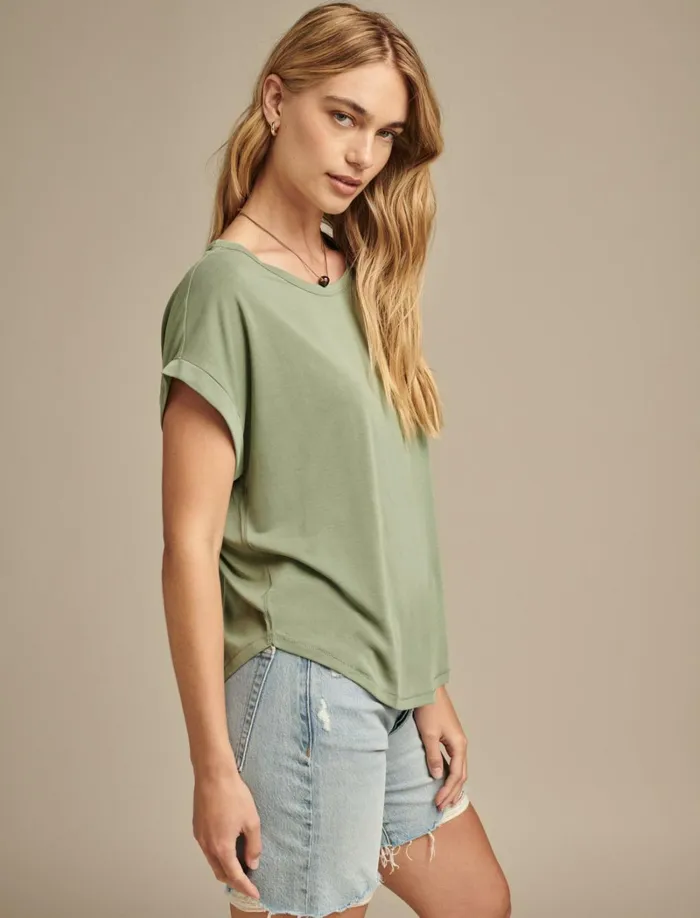 Lucky Brand Knit Tops Women Short Sleeve Sandwash Dolman Tee Loden Green