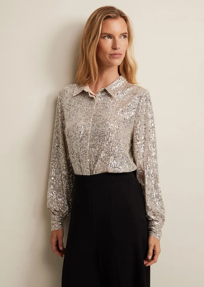 Medora Sequin Shirt Oyster Women Phase Eight Shirts and Blouses