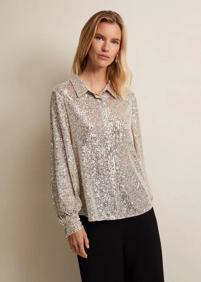 Medora Sequin Shirt Oyster Women Phase Eight Shirts and Blouses