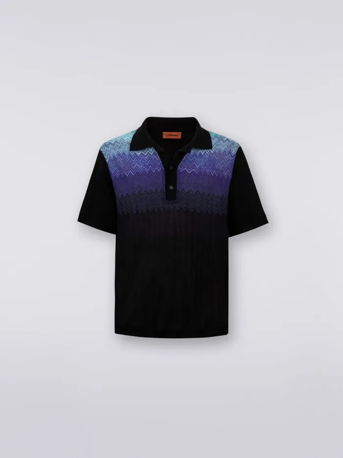 Men Cotton And Silk ShortSleeved Polo Shirt Black and Blue Missoni Polos and Tshirts