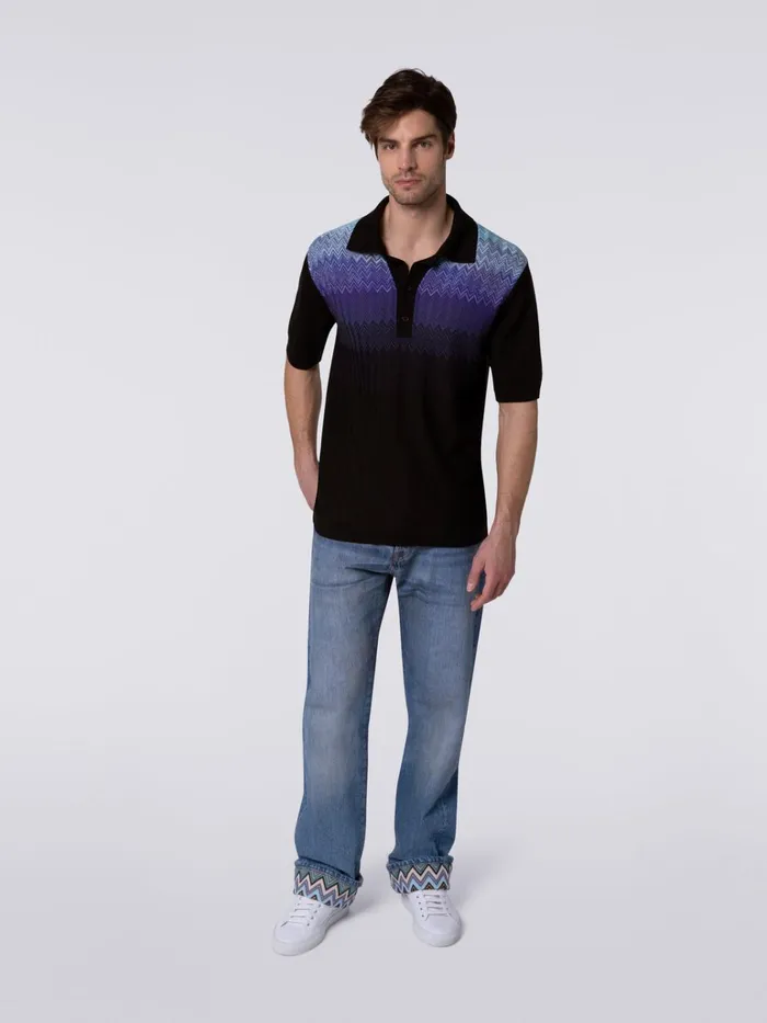 Men Cotton And Silk ShortSleeved Polo Shirt Black and Blue Missoni Polos and Tshirts