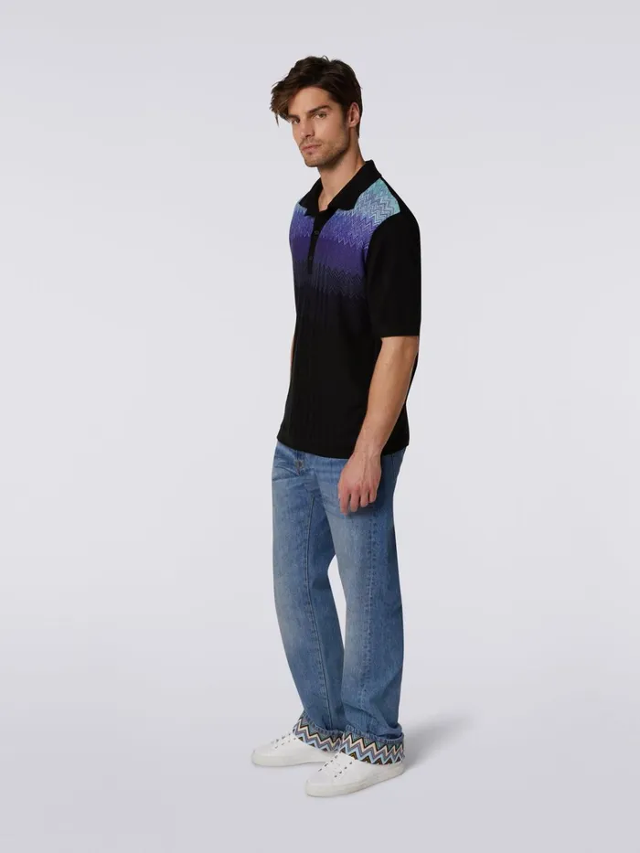 Men Cotton And Silk ShortSleeved Polo Shirt Black and Blue Missoni Polos and Tshirts