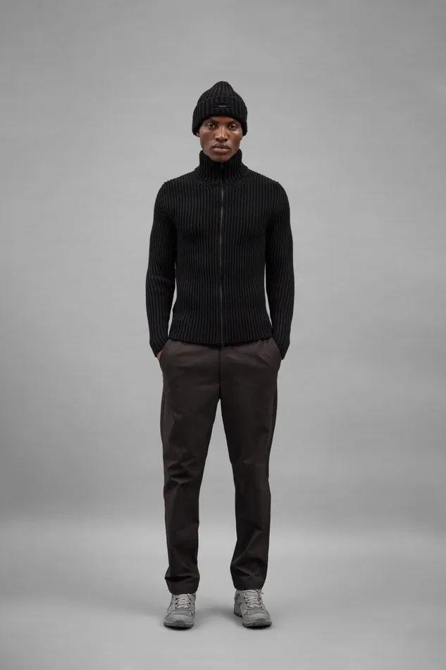 Men Hybrid Rib Zip Jacket Stretch Wool Black Norse Projects Knitwear