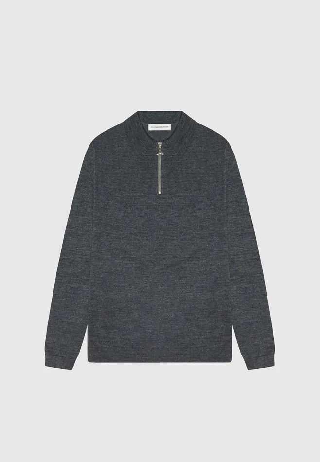 Men Manire De Voir Merino Wool Long Sleeve Polo Top With Zip Marl Grey