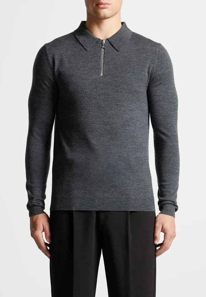 Men Manire De Voir Merino Wool Long Sleeve Polo Top With Zip Marl Grey