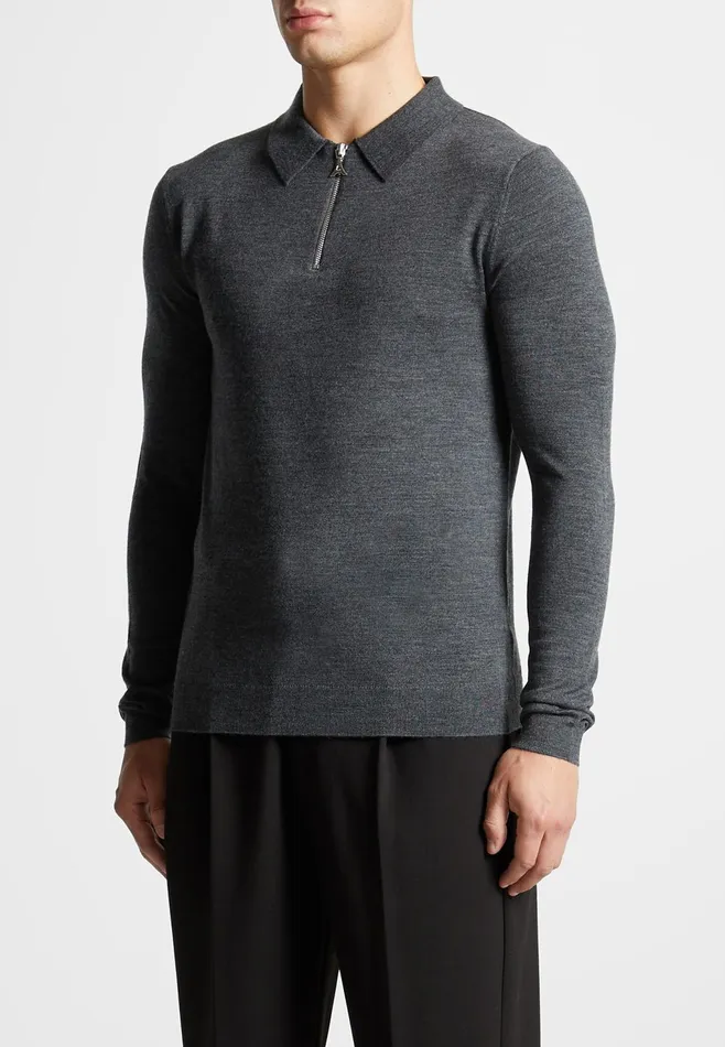 Men Manire De Voir Merino Wool Long Sleeve Polo Top With Zip Marl Grey
