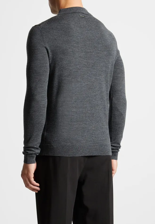 Men Manire De Voir Merino Wool Long Sleeve Polo Top With Zip Marl Grey