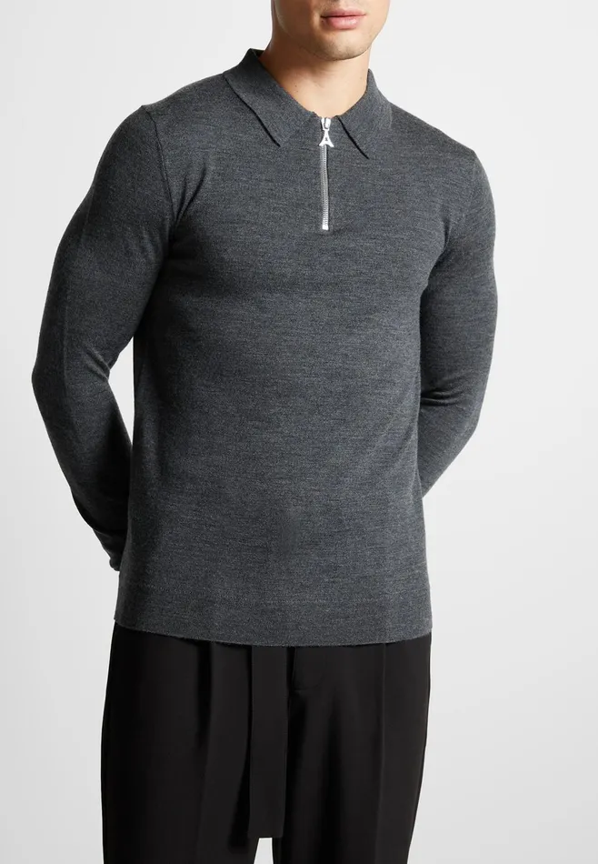 Men Manire De Voir Merino Wool Long Sleeve Polo Top With Zip Marl Grey