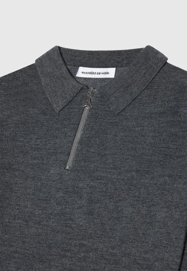 Men Manire De Voir Merino Wool Long Sleeve Polo Top With Zip Marl Grey