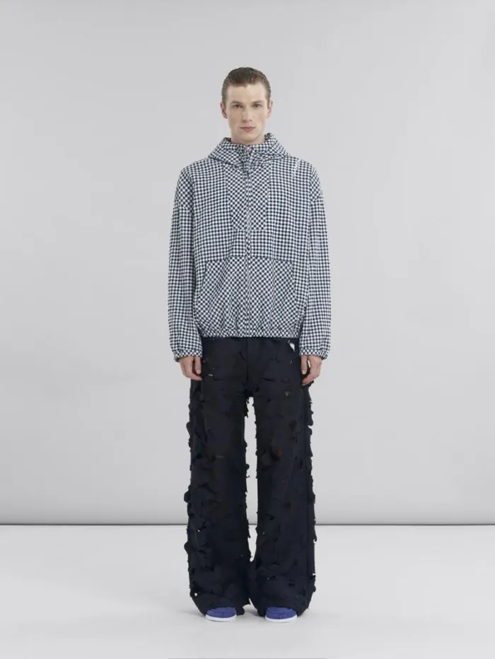 Men Marni Coats and Jackets Black And White Checked Seersucker Hooded Jacket