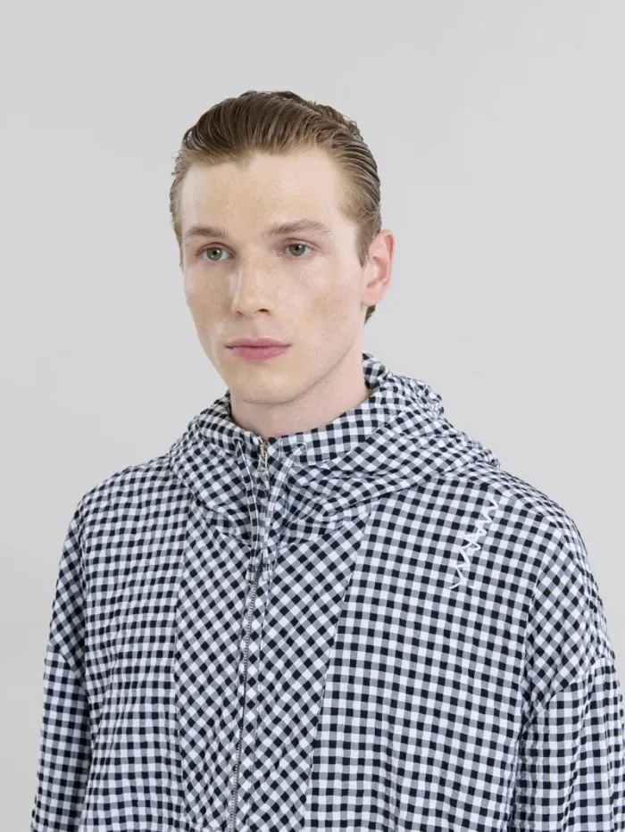 Men Marni Coats and Jackets Black And White Checked Seersucker Hooded Jacket