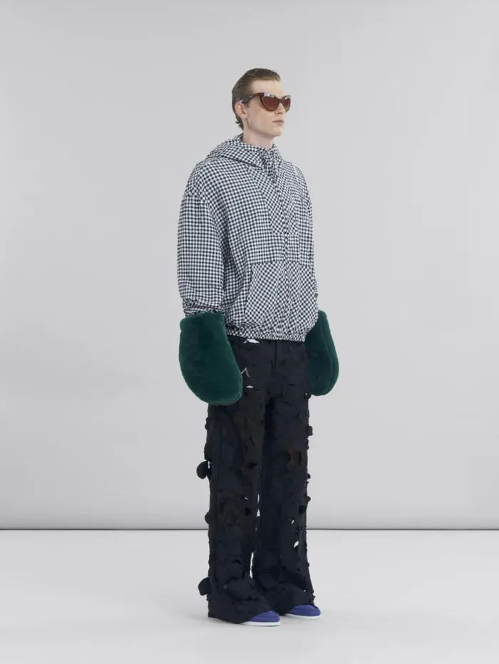 Men Marni Coats and Jackets Black And White Checked Seersucker Hooded Jacket