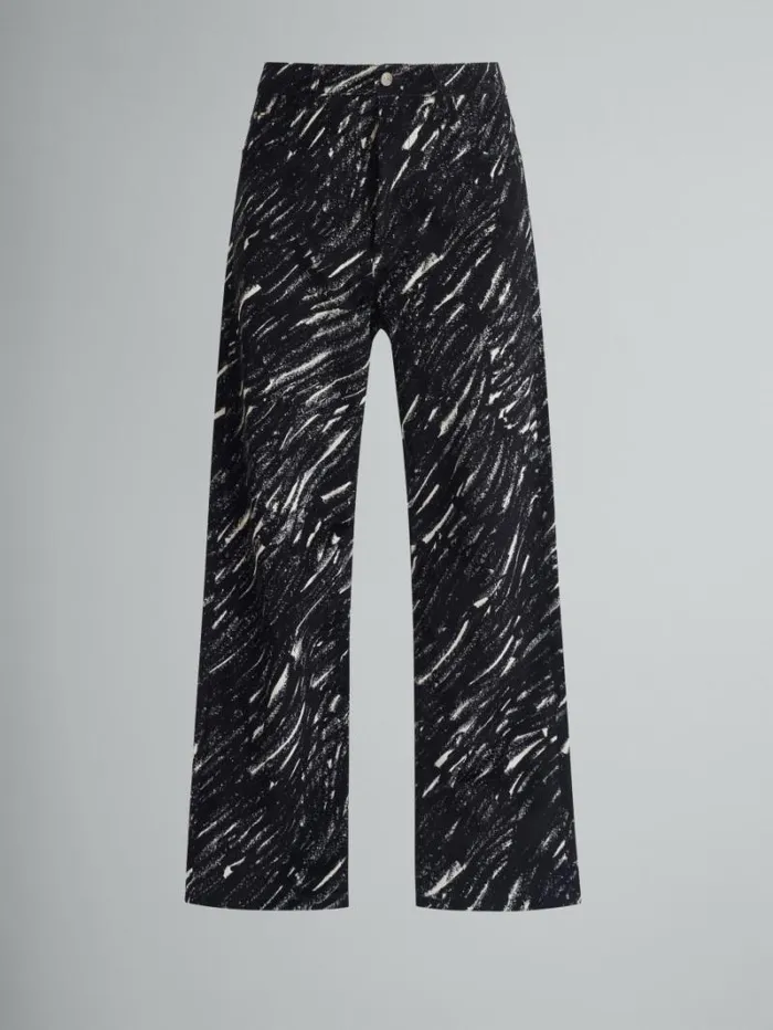 Men Marni Pants Black Flocked Denim WideLeg Jeans With Crayon Print