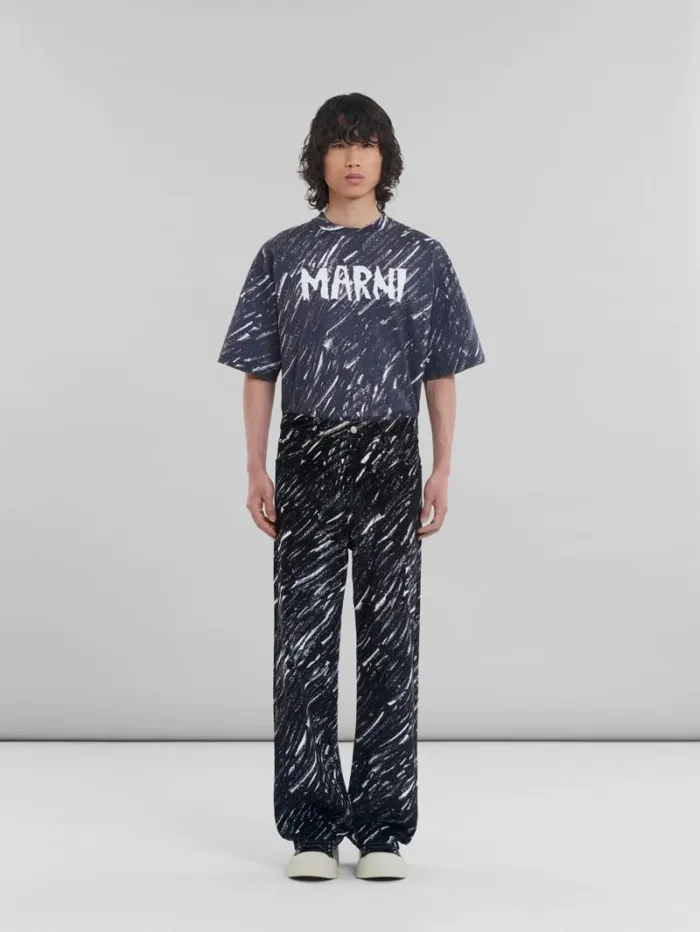 Men Marni Pants Black Flocked Denim WideLeg Jeans With Crayon Print