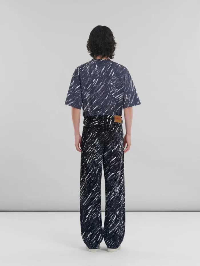 Men Marni Pants Black Flocked Denim WideLeg Jeans With Crayon Print