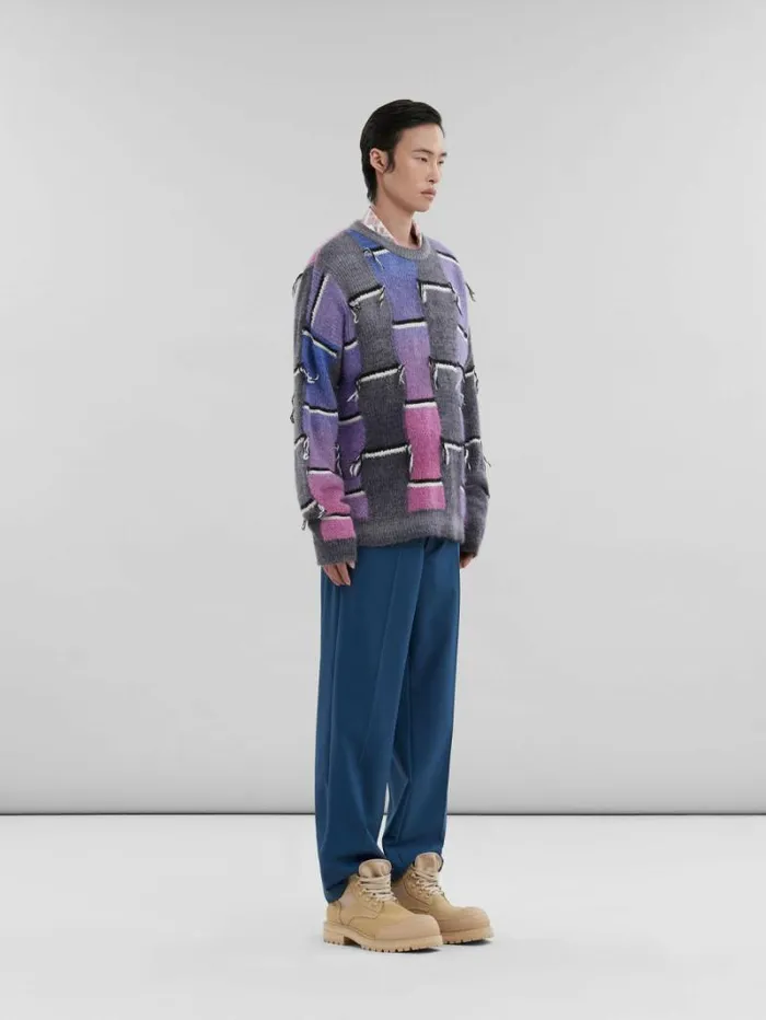 Men Marni Pants Blue Wool Trousers With Marni Mending Logo