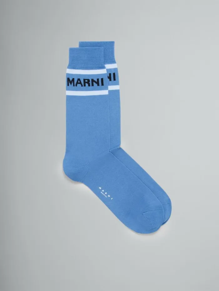 Men Marni Socks Indigo Cotton Socks With Logo Cuffs