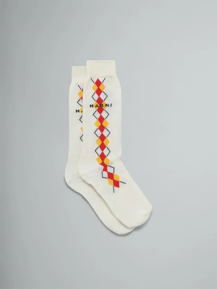 Men Marni Socks Ivory Socks With Red Argyle Detail