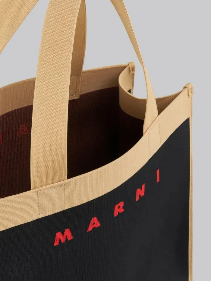 Men Marni Tote Bags Black And Beige Jacquard Shopping Bag