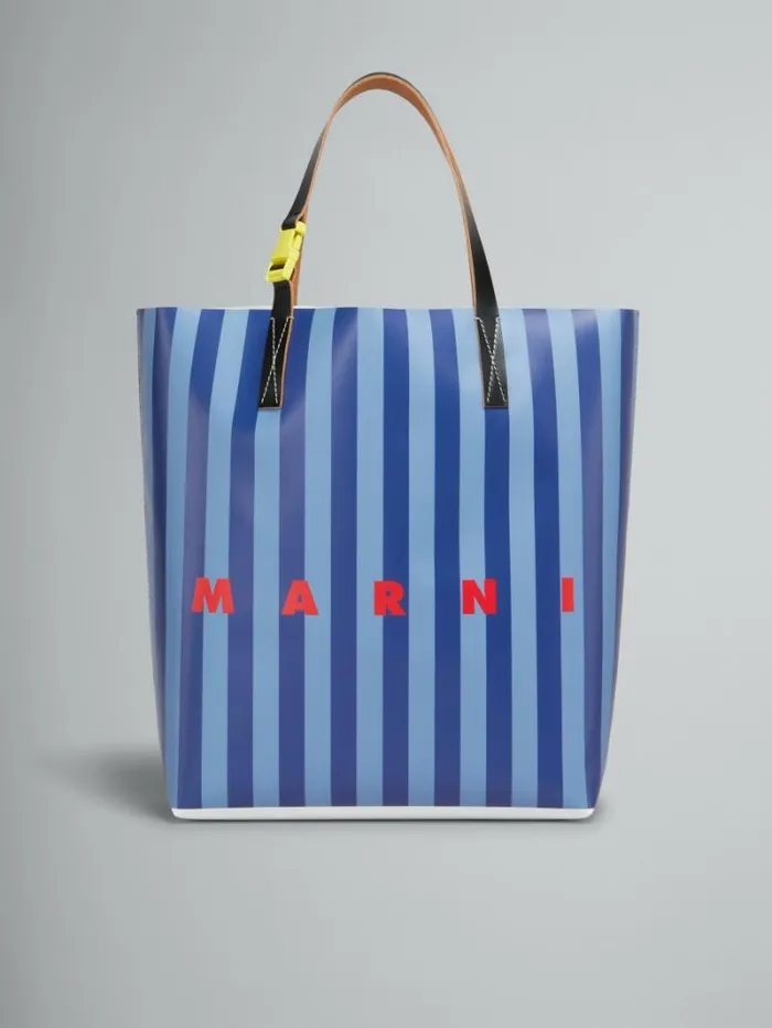 Men Marni Tote Bags Blue Striped Tribeca Shopping Bag With Marni Logo