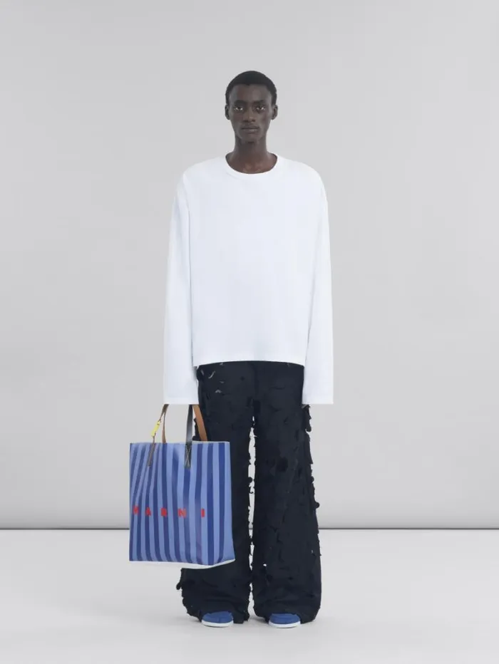Men Marni Tote Bags Blue Striped Tribeca Shopping Bag With Marni Logo
