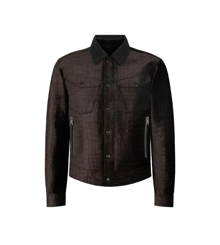 Men Outerwear Tom Ford Croc Printed Velvet Western Jacket Dark Chocolate