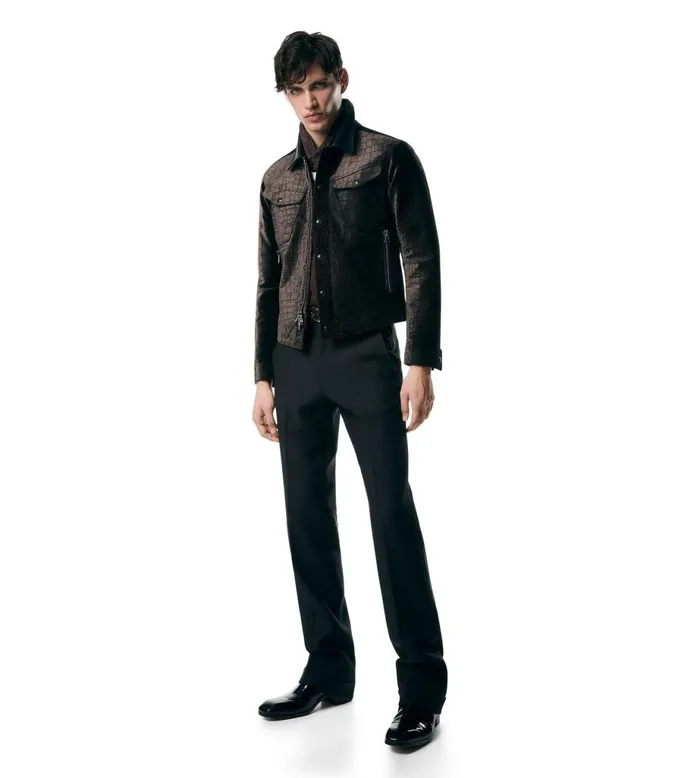 Men Outerwear Tom Ford Croc Printed Velvet Western Jacket Dark Chocolate Men Outerwear Tom Ford Croc Printed Velvet Western Jacket Dark Chocolate