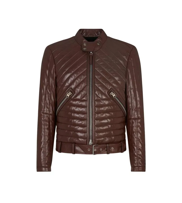 Men Outerwear Tom Ford Shiny Nappa Channel Quilt Caf Biker Cognac