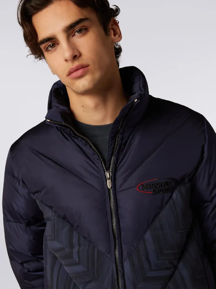 Men Padded Quilted Jacket With Chevron Inserts And Logo Blue Missoni Sport Men Padded Quilted Jacket With Chevron Inserts And Logo Blue Missoni Sport