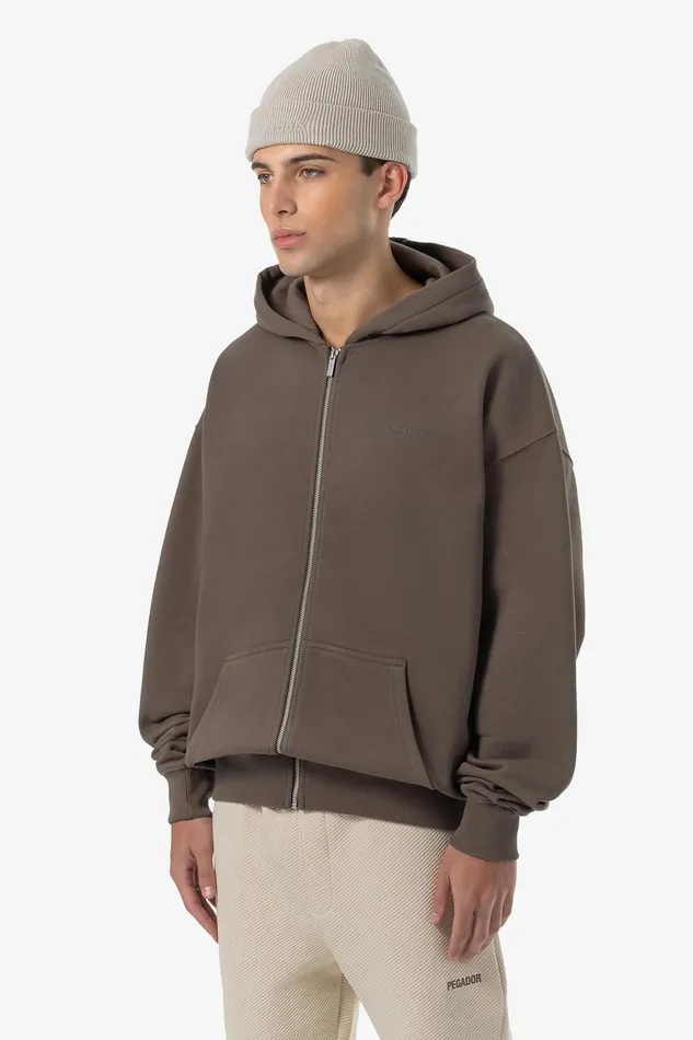 Men Pegador Hoodies Colne Logo Oversized Sweat Jacket Washed Dust Brown Men Pegador Hoodies Colne Logo Oversized Sweat Jacket Washed Dust Brown
