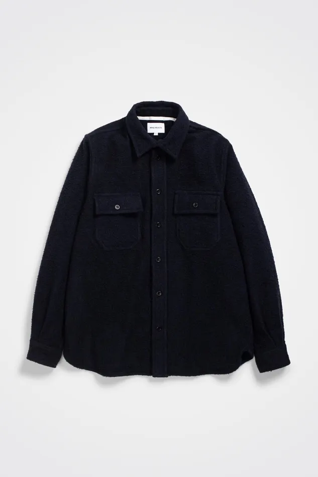 Men Silas Textured Cotton Wool Overshirt Dark Navy Norse Projects Overshirts