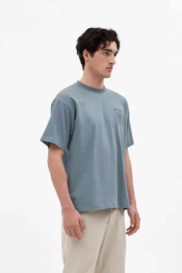 Men Simon Loose N Logo TShirt Dark Ice Blue Norse Projects TShirts