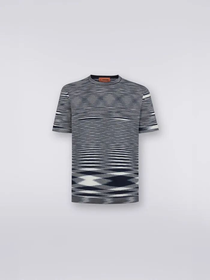 Men Slub Cotton CrewNeck TShirt White and Navy Blue Missoni Polos and Tshirts