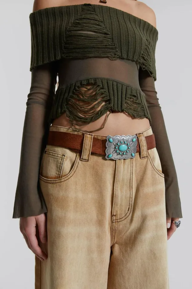 Nova Off The Shoulder Mesh Top Khaki Women Jaded London Knitwear