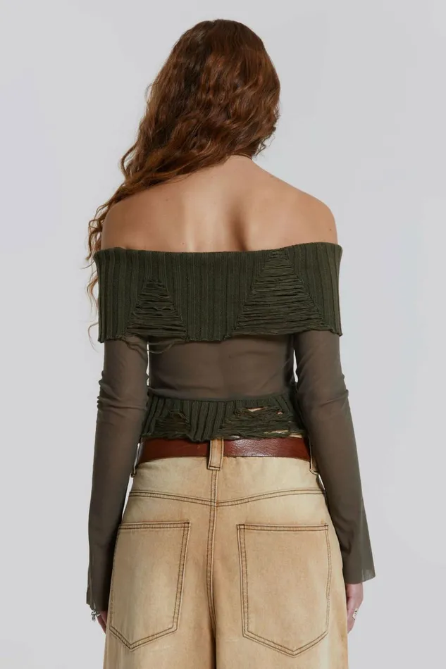 Nova Off The Shoulder Mesh Top Khaki Women Jaded London Knitwear Nova Off The Shoulder Mesh Top Khaki Women Jaded London Knitwear