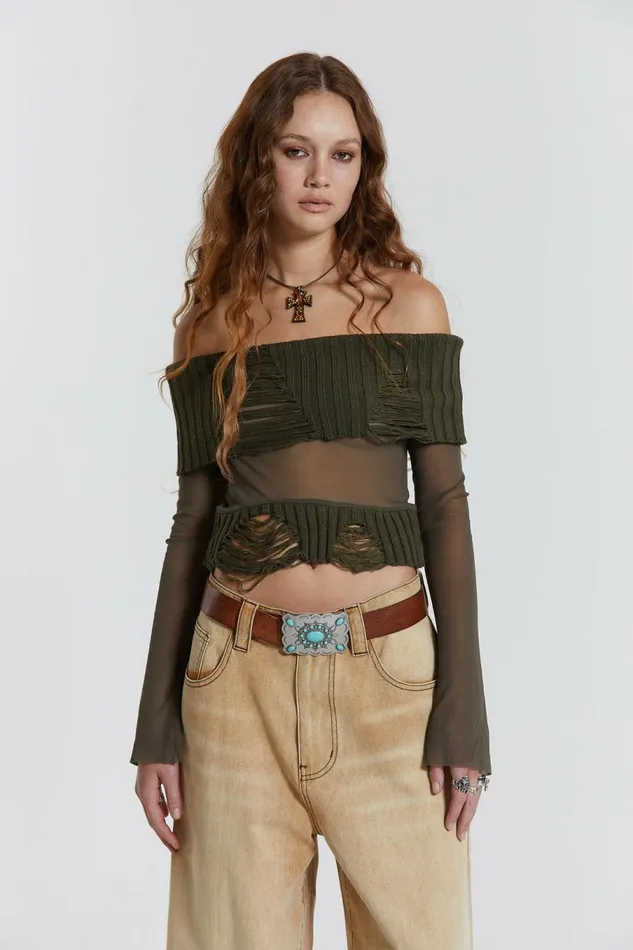 Nova Off The Shoulder Mesh Top Khaki Women Jaded London Knitwear Nova Off The Shoulder Mesh Top Khaki Women Jaded London Knitwear