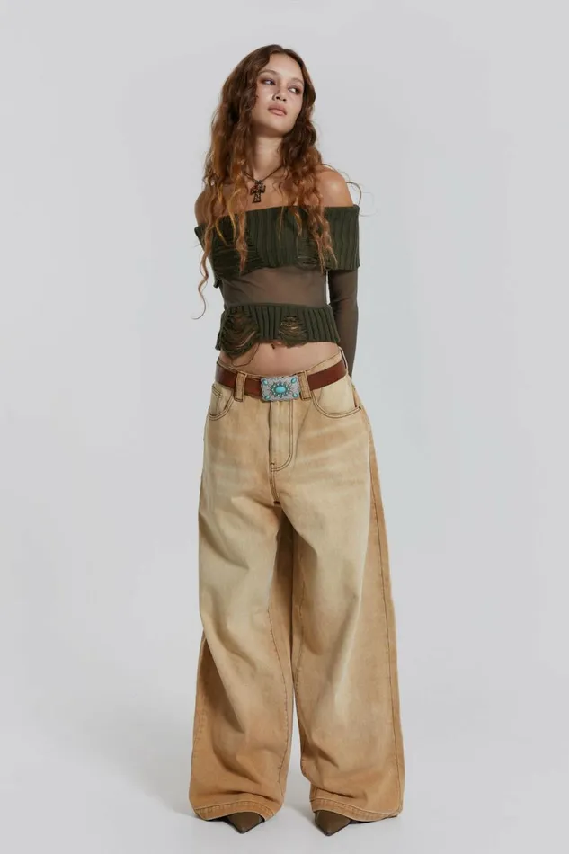 Nova Off The Shoulder Mesh Top Khaki Women Jaded London Knitwear Nova Off The Shoulder Mesh Top Khaki Women Jaded London Knitwear