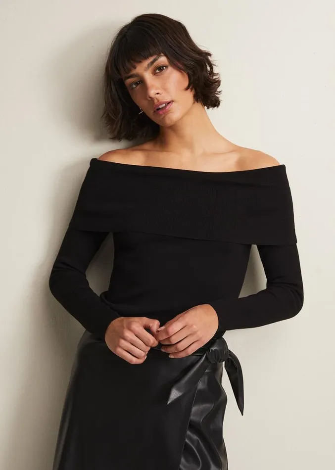 Nya Fine Knit Bardot Top Black Women Phase Eight Knitwear