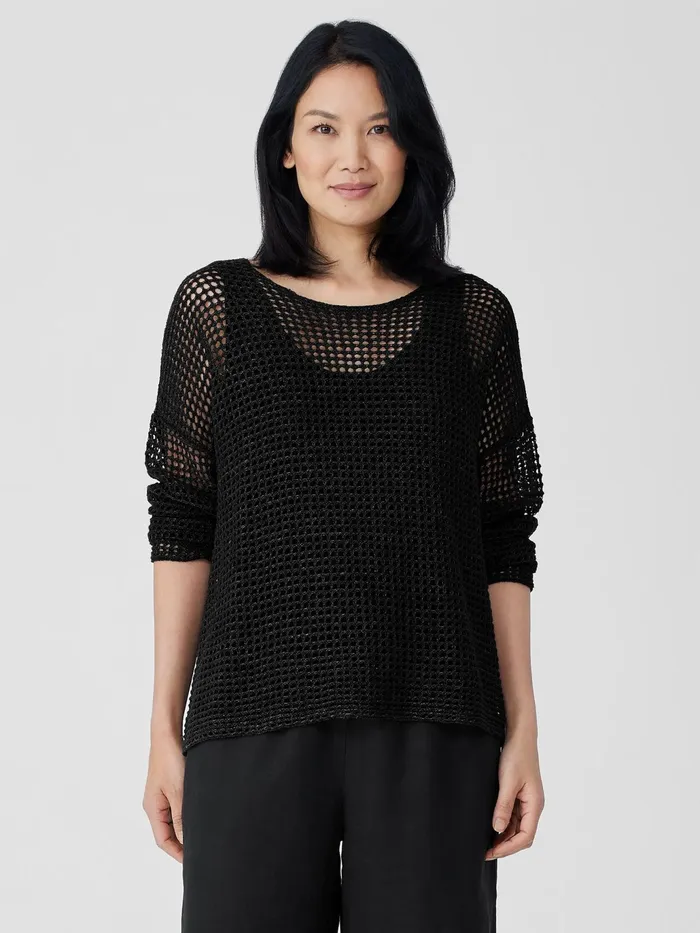Organic Linen DlavRound Neck Top Black Women Eileen Fisher Sweaters and Cardigans