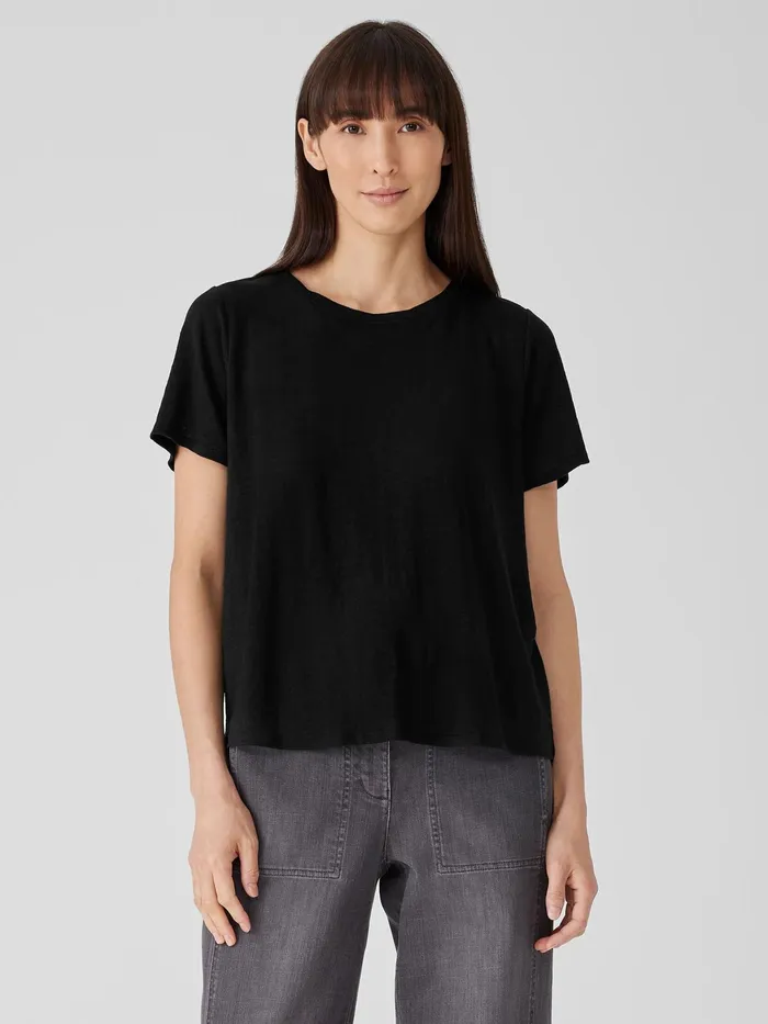 Organic Linen Jersey Crew Neck Tee Black Women Eileen Fisher Pants Shorts and Jumpsuits