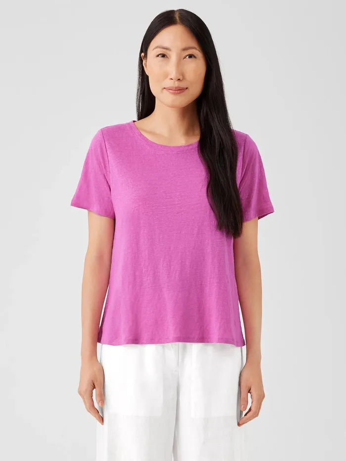 Organic Linen Jersey Crew Neck Tee Black Women Eileen Fisher Tops and Tees