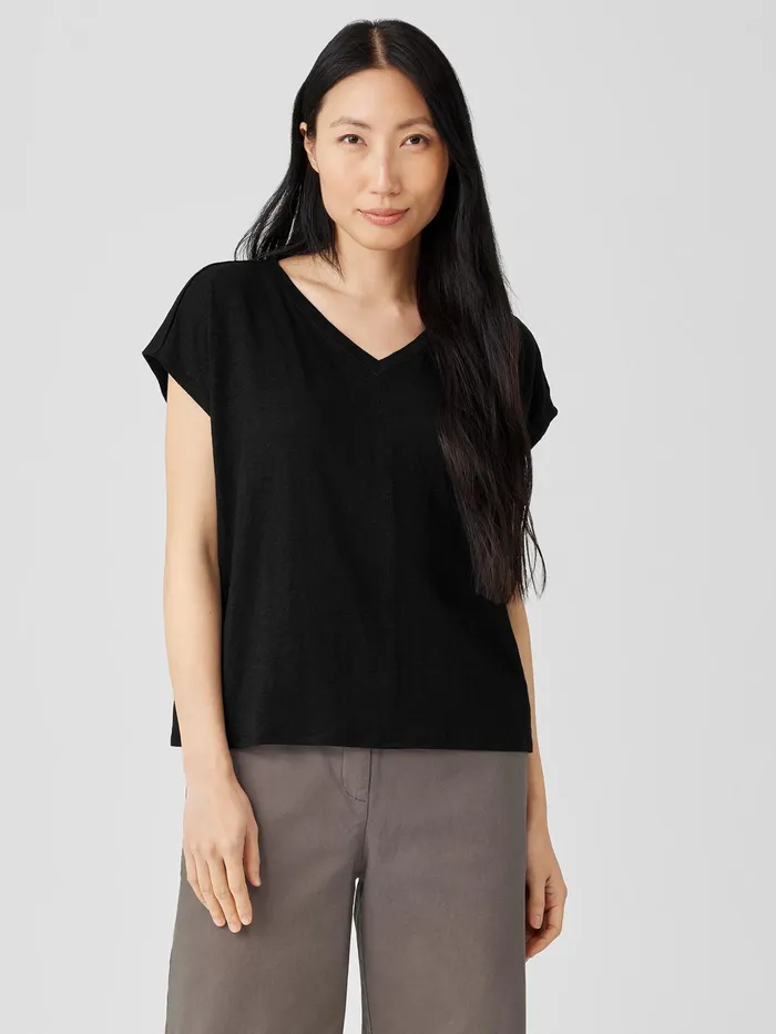 Organic Linen Jersey VNeck Tee Black Women Eileen Fisher Tops and Tees