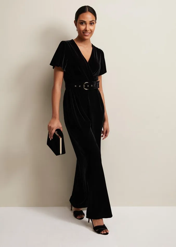 Petite Holly Black Velvet Jumpsuit Black Women Phase Eight Dresses