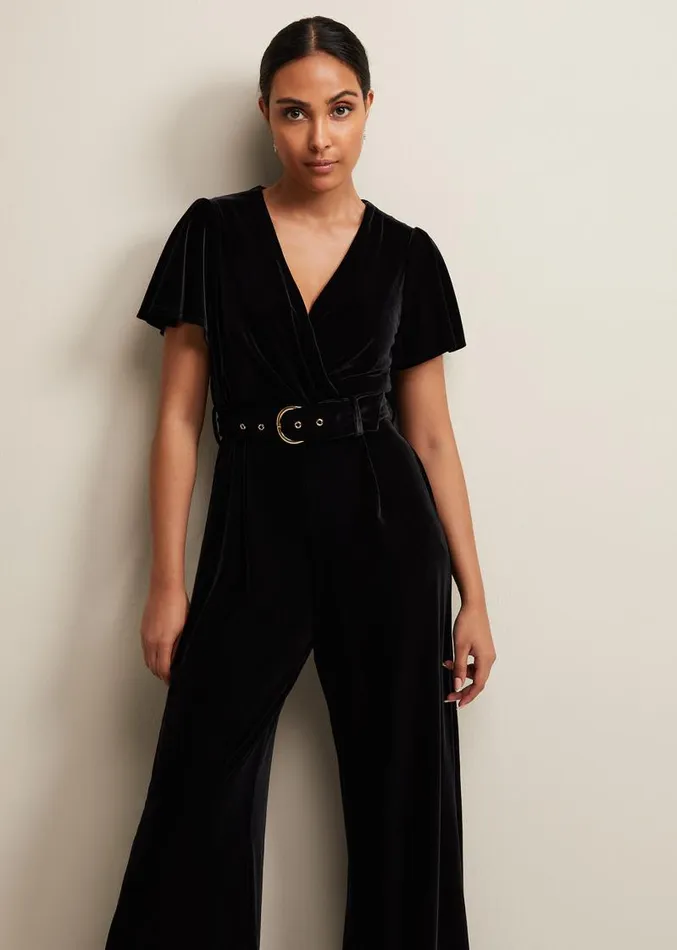 Petite Holly Black Velvet Jumpsuit Black Women Phase Eight Dresses