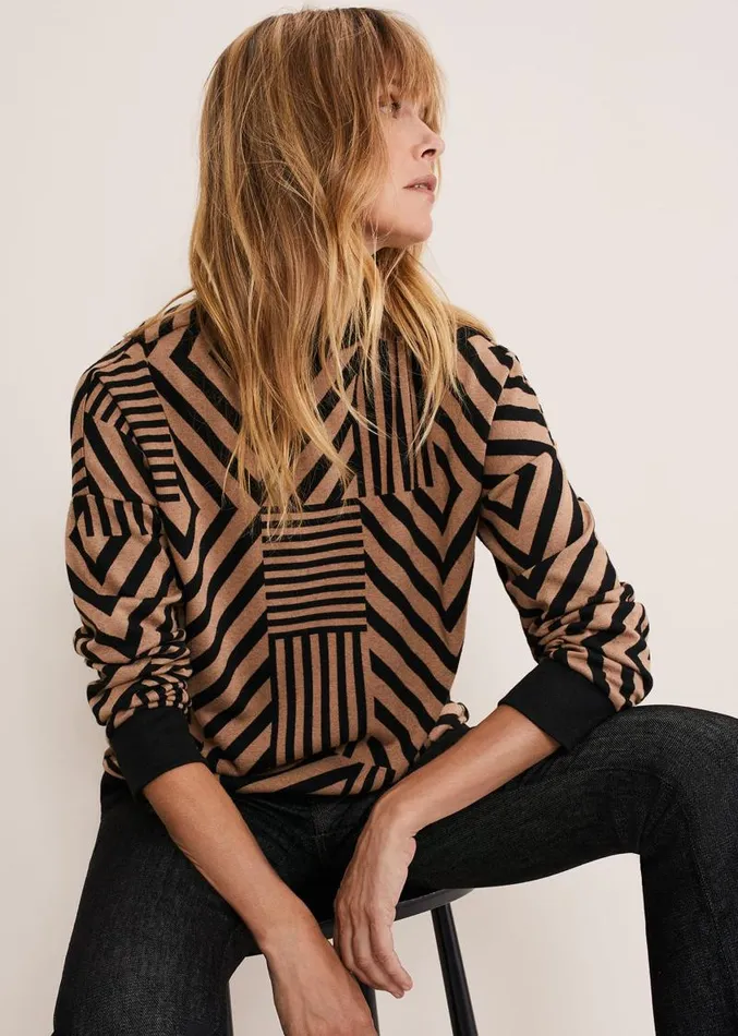 Renatta Patched Geo Jacquard Top Camelblack Women Phase Eight Tops and TShirts