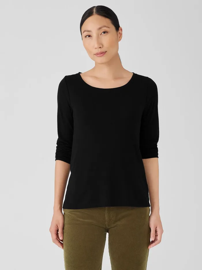 Ribbed Pima Cotton Blend Scoop Neck Top Black Women Eileen Fisher Tops and Tees